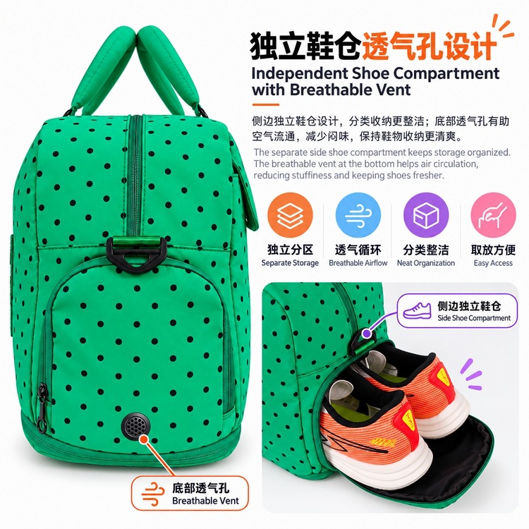 Green Base Black Dot Travel Bag, Large Capacity, Tote and Strap