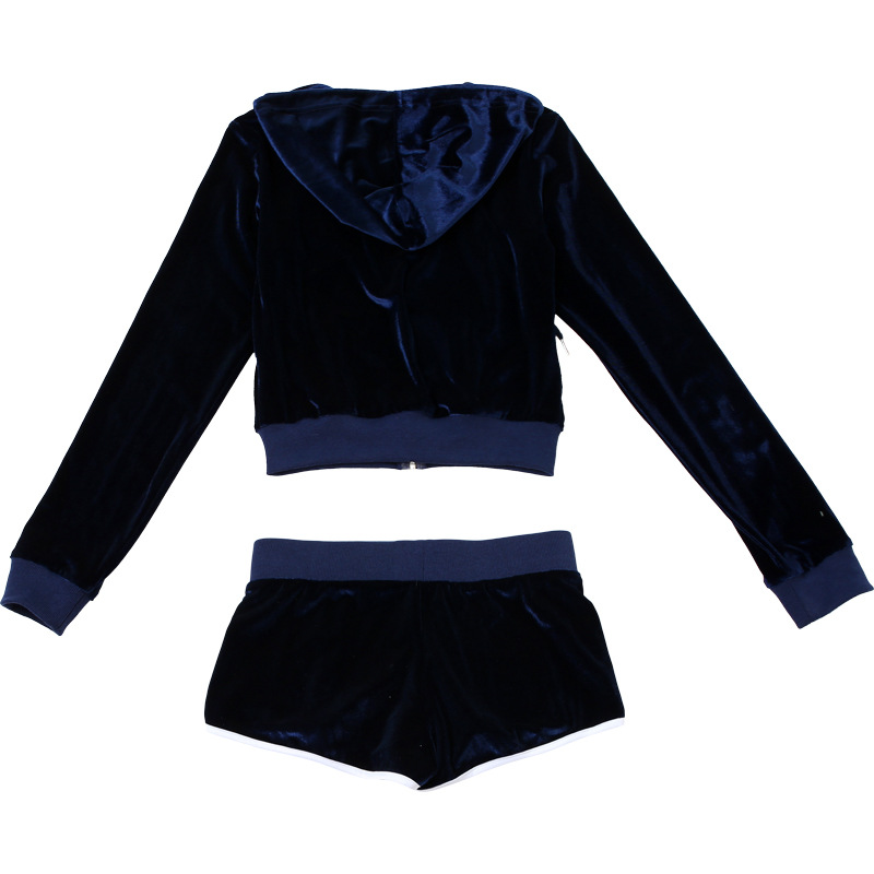 Autumn Winter Slim Embroidered Zipper Hoodie Coat High Waist Shorts Sets