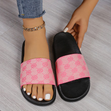 欧美外贸石头纹一字型厚底拖鞋女跨境外穿露趾沙滩凉拖鞋slippers