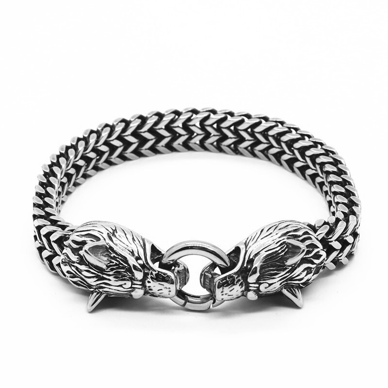 Cross-border Amazon European and American Stainless Steel Men's Bracelet Titanium Steel Hip-hop Bracelet Nordic Domineering Wolf Head Viking Chain