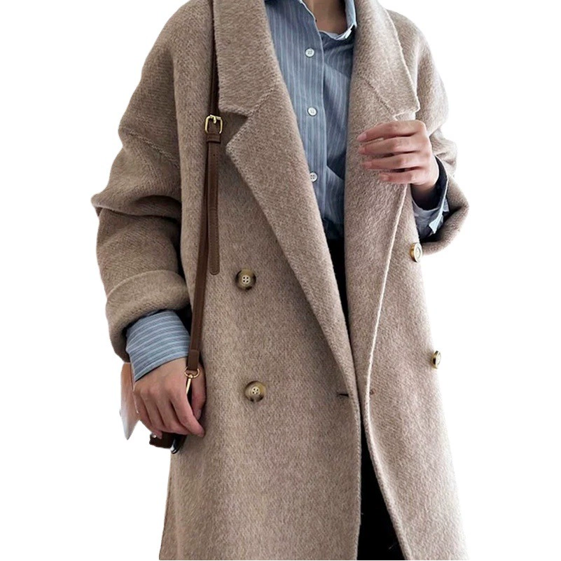 Двустороннее шерстяное пальто ручной работы 2025 года, простое и универсальное, длинного кроя для женщин