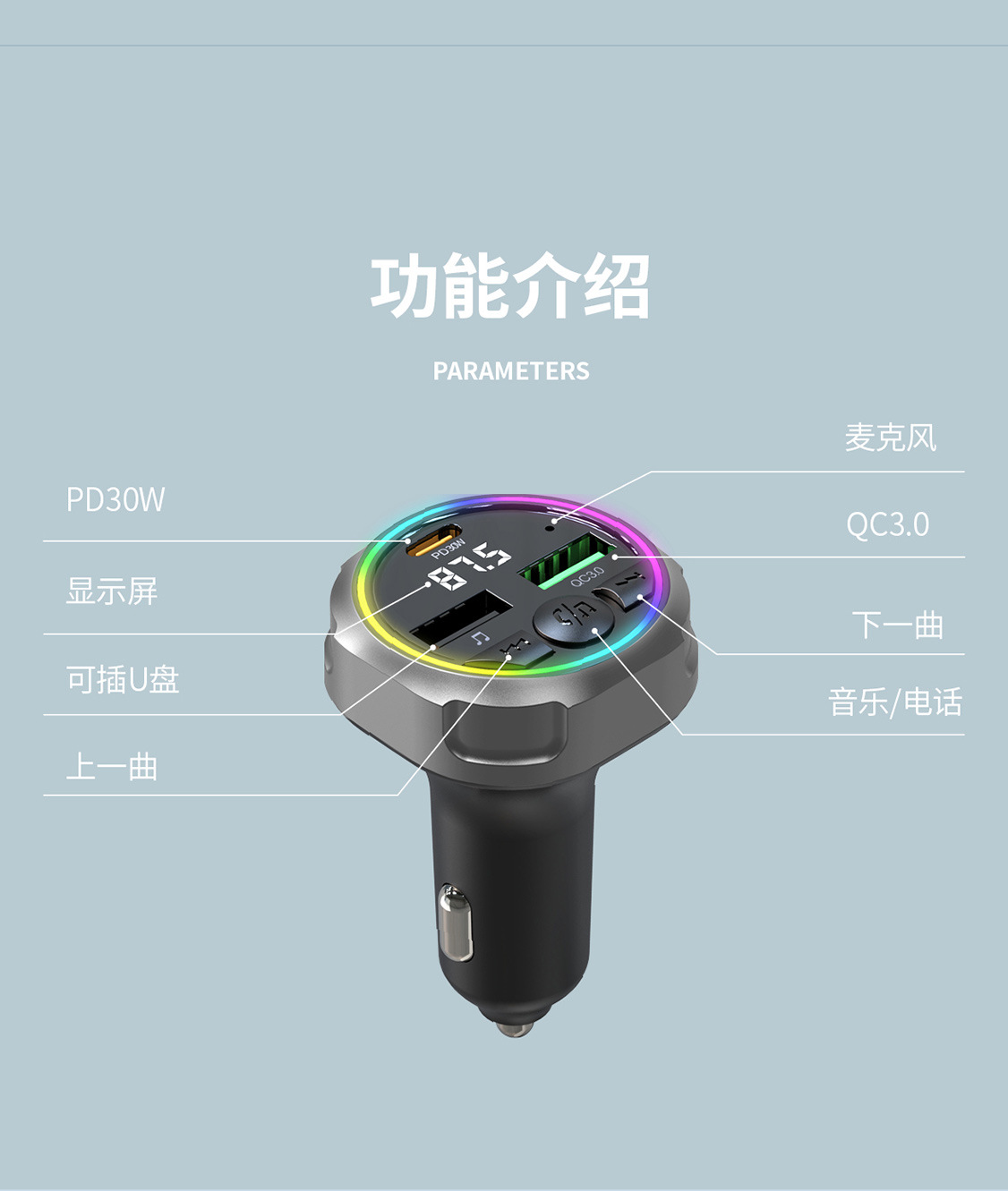 New cross-border hot-selling car bluetooth charger speaker device player transmitter snap-on super fast charging