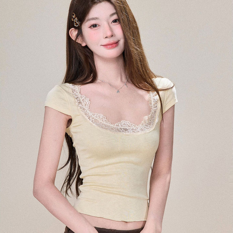 2026 Summer New Pure Desire Style Lace Trim Short Sleeve T-Shirt for Women, Slim Fit, Versatile Top