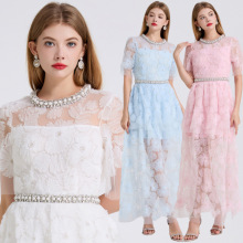 2025年夏季新款珍珠领网纱绣花大摆长裙优雅气质修身礼服连衣裙女