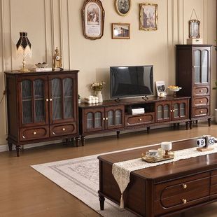 Antique Style Solid Wood TV Cabinet Home Living Room Coffee Table Combination Modern French Style Large Capacity Storage Floor Storage Cabinet