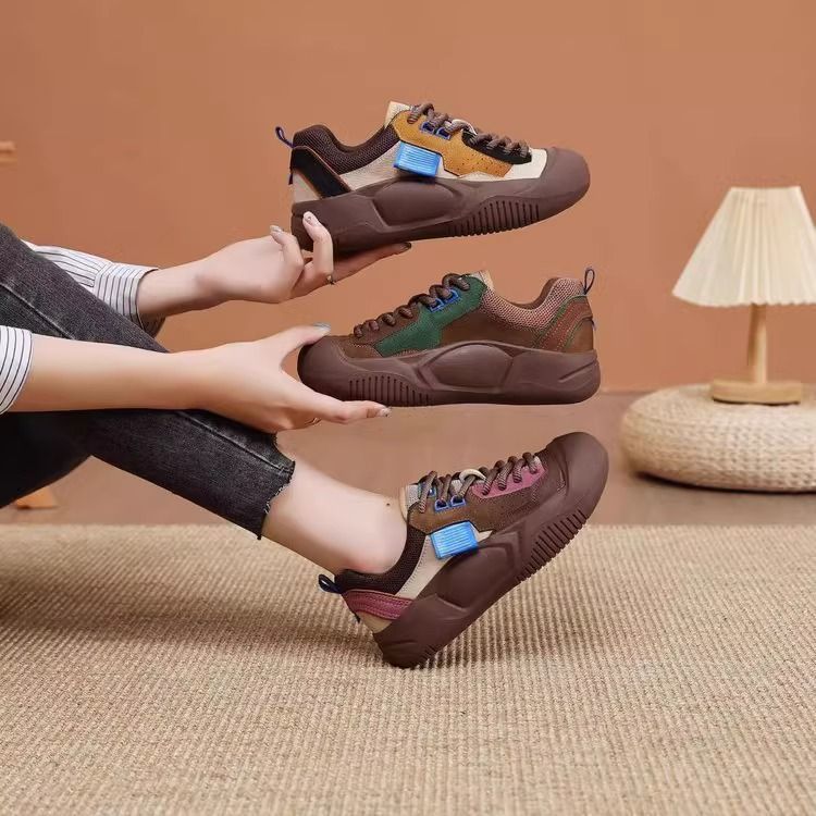 PLOVER primavera y otoño zapatos de mujer 2024 nuevos zapatos de color de la marea de la cabeza grande, feos, lindos, cordones casuales zapatos de mujer versátiles