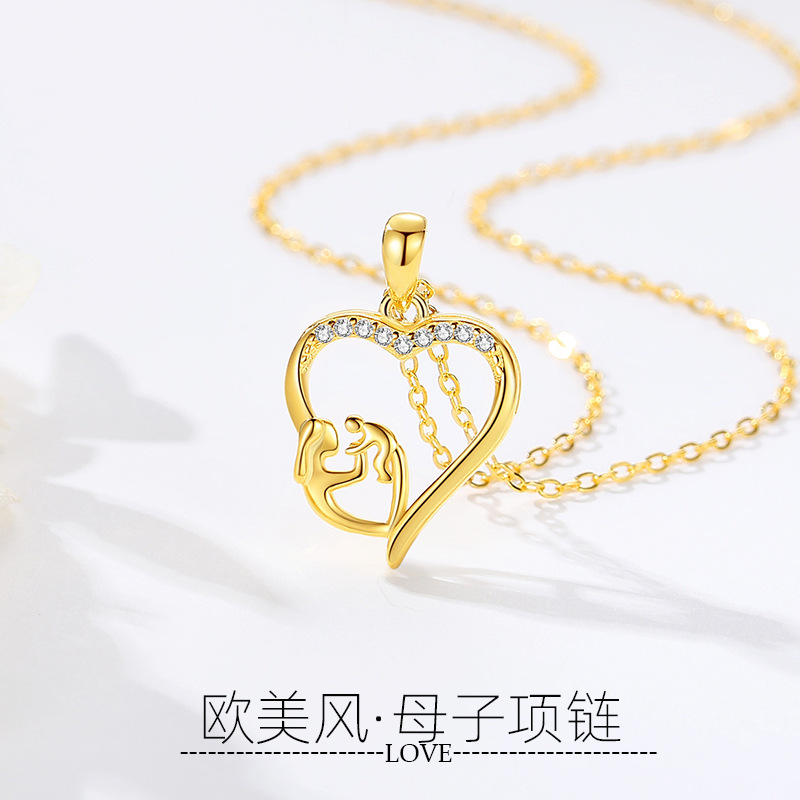 S925 plata de ley transfronteriza europea y americana moda en forma de corazón madre-niño collar simple madre colgante regalo del Día de la madre al por mayor