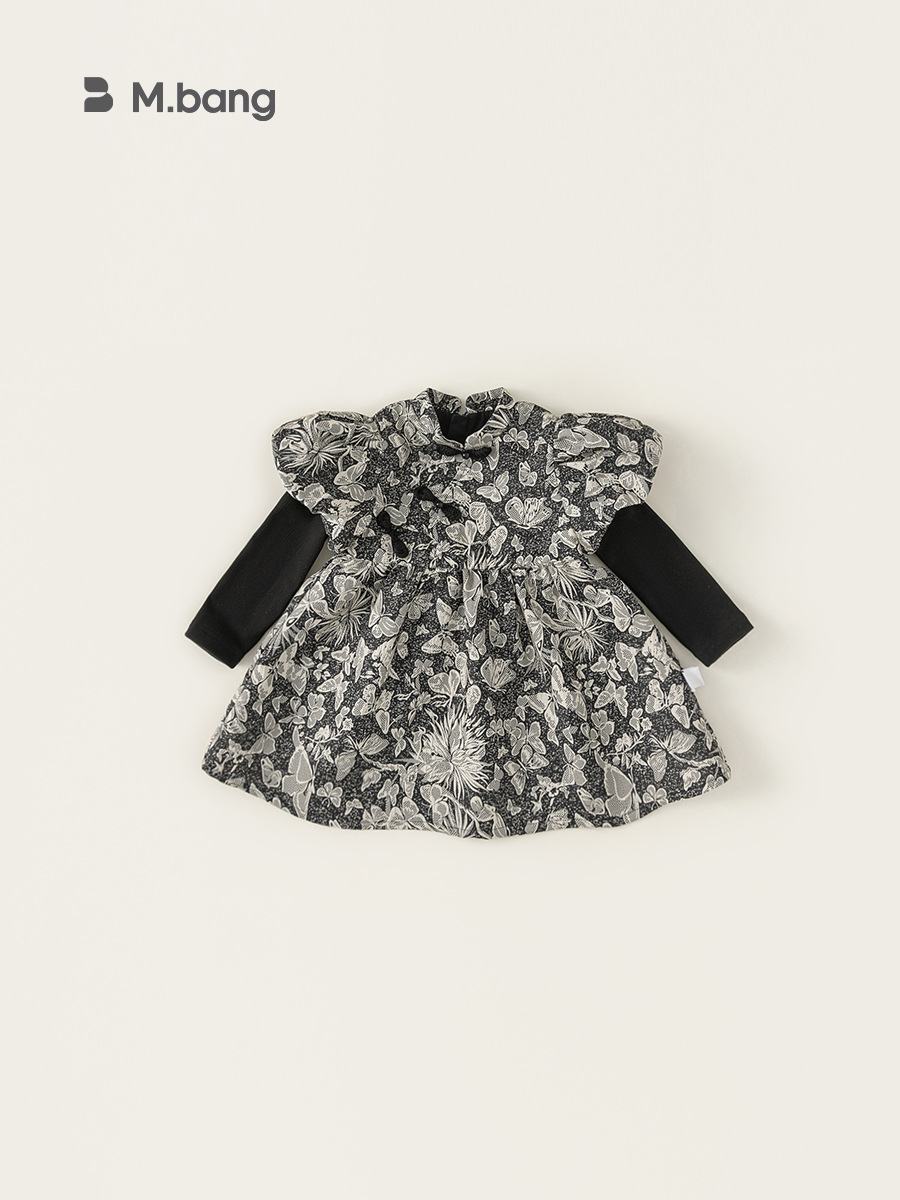 Yubao ropa infantil de niñas vestidos de manga de burbuja falsos dos piezas de falda de flores de contraste de otoño de estilo chino falda de estilo nacional
