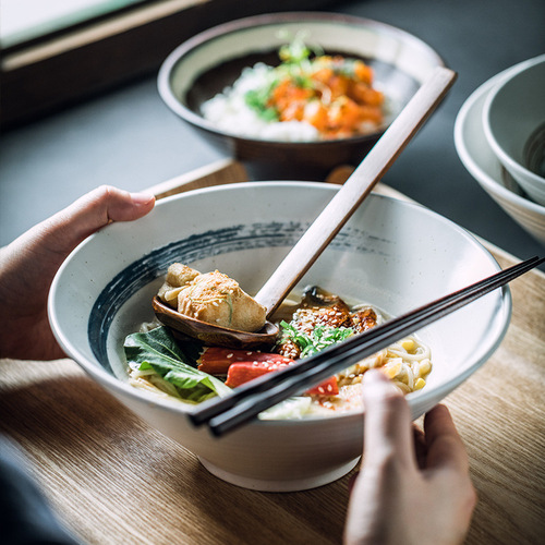 Creative ceramic bowl Japanese ramen bowl household noodle soup large bamboo hat bowl commercial trumpet bowl tableware set wholesale