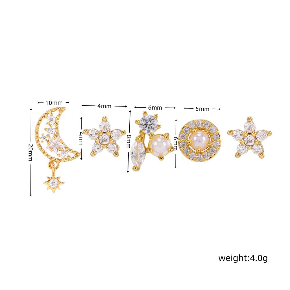 Fashion Pentagram Moon Copper Gold Plated Artificial Pearls Zircon Ear Studs 5 Pieces