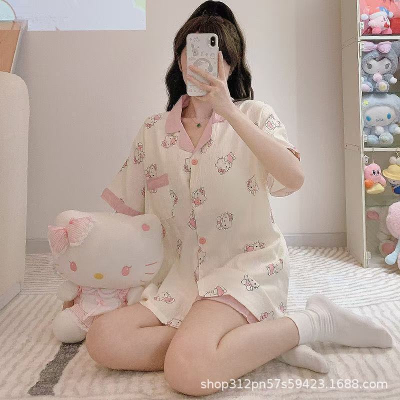 云朵棉短袖睡衣女夏季简约桃心印花夏天可外穿家居服套装跨境批发|undefined