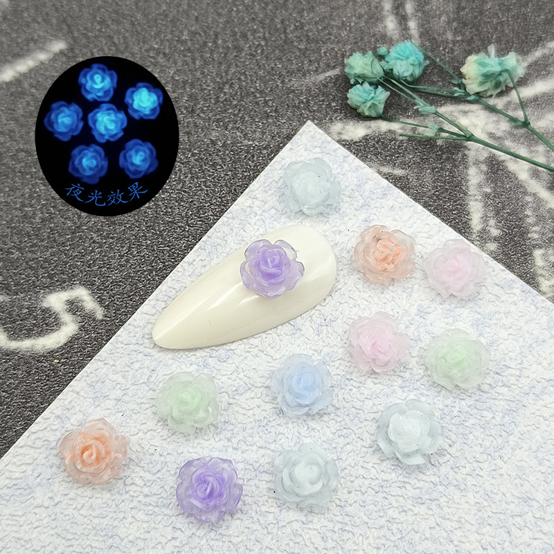 New Nail Art Luminous Camellia Rose Fluorescent Transparent Three-Dimensional All-Match Internet Popular DIY Nail Decoration