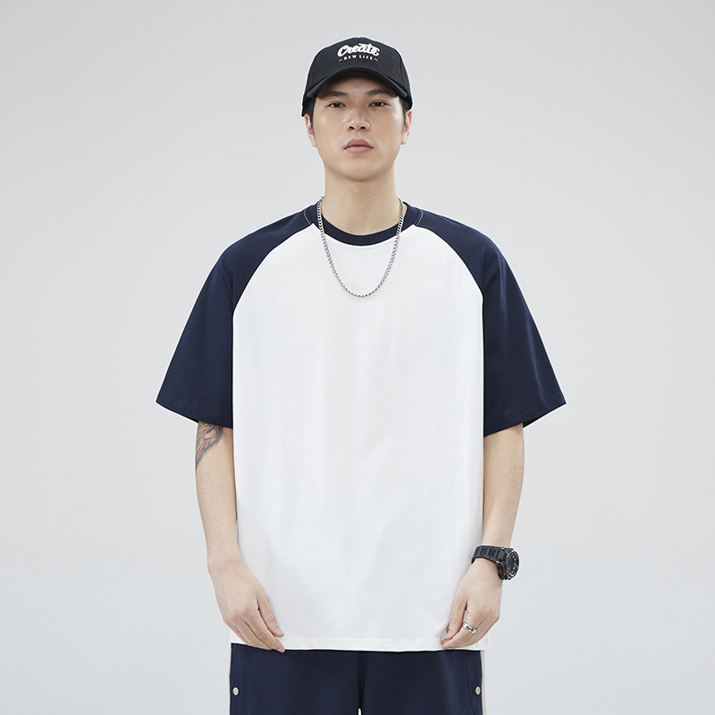 250G American heavyweight raglan short sleeve T-shirt men's summer tide brand loose contrast casual cotton Joker T-shirt