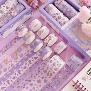 Cross-border purple small floral series girl's hand account and paper tape diy small clear novice account tape suit in stock
