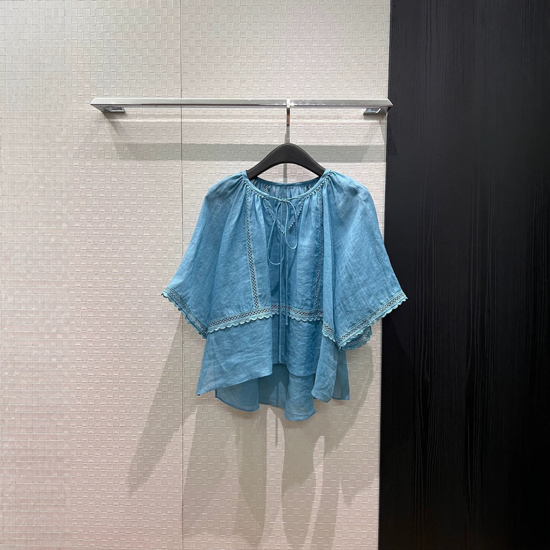 Age-Reducing Loose-Fitting Holiday-Style Patchwork Hollow-Out Lace Round-Neck Tie-Front Linen Top with Short Front and Long Back Side Slit Shirt Age-Reducing Loose-Fitting Holiday-Style Patchwork Hollow-Out Lace Round-Neck Tie-Front Linen Top with Short Front and Long Back Side Slit Shirt