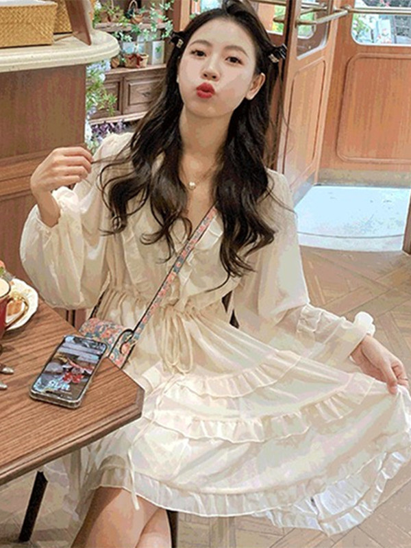 2024 Spring, Summer and Autumn New Fashion All-match Formal Occasion Mori First Love V-neck Long Sleeve apricot Tight Waist dress 2024 Spring, Summer and Autumn New Fashion All-match Formal Occasion Mori First Love V-neck Long Sleeve apricot Tight Waist dress