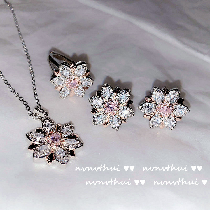 브릴리언트 옐로우 크리스탈 지르콘 물방울 꽃 목걸이 도금 18K 화이트 골드 다이아몬드 핑크 꽃 풍부한 꽃 쇄골 체인 귀걸이