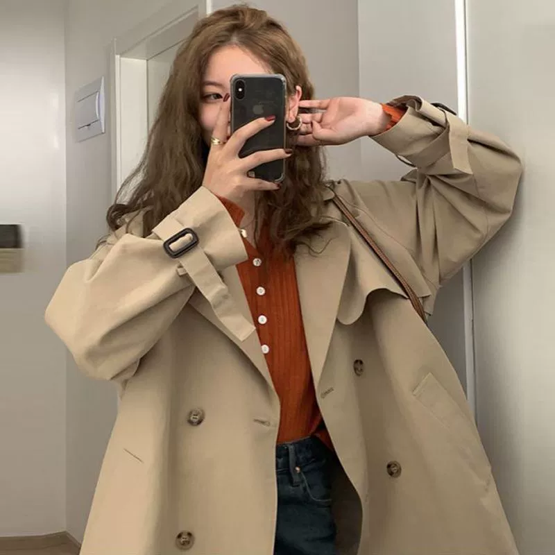 Короткий тренч для женщин, весна-осень, маленький размер, новая тонкая модель 2026 года, корейский стиль, свободный крой, цвет хаки, модное пальто.