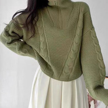 拉链立翻两用领毛衣女秋冬新款简约时尚短款韩版休闲针织衫女批发