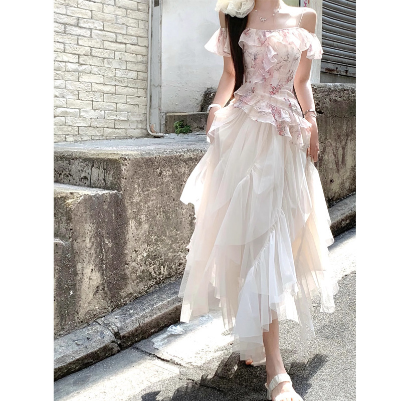 法式花期沉香/一字肩碎花吊带上衣不规则纱裙套装夏日绝美小裙子