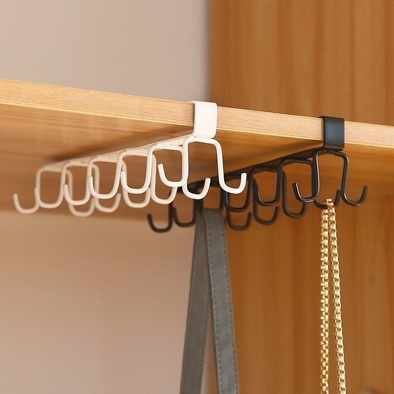 No-Drill Iron Hooks, Double-Row and Single-Row Hooks, Kitchen Under-Cabinet Storage Rack, Wall-Mounted Storage Rack, Mug Hanger