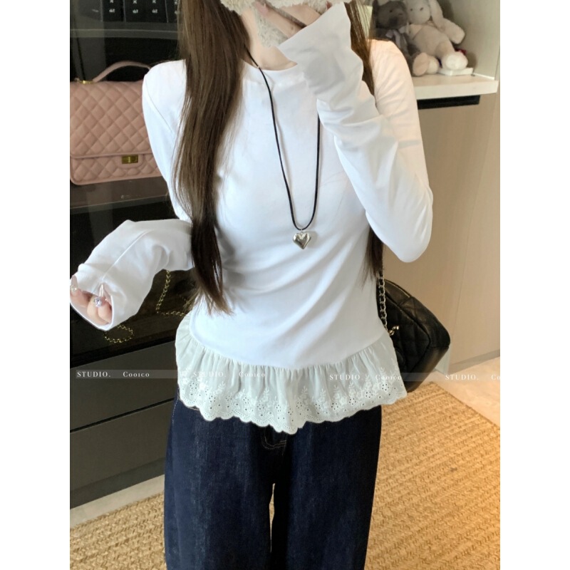 别致下摆蕾丝花边长袖t恤女秋季韩系chic内搭叠穿设计感打底上衣|undefined