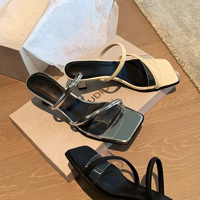 Grava Madre Seúl hermana ~ temperamento cuadrado transparente con dedos desnudos tacones de zapatillas frías de verano