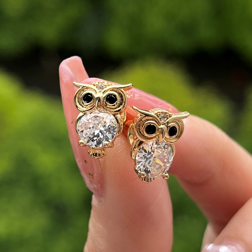 Fashion Owl Copper Inlay Zircon Ear Studs 1 Pair display picture 2