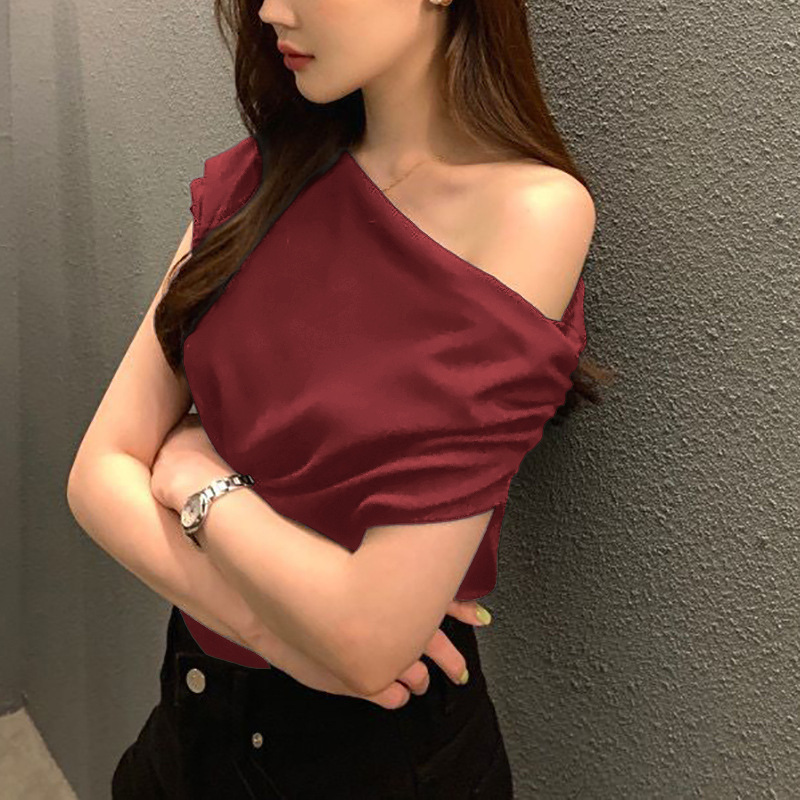 Summer New Niche Irregular Slanted Shoulder Design Loose Solid Color Pullover Short-sleeved T-shirt_ecoleips.com
