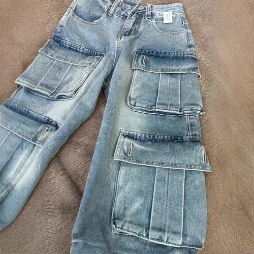 High-Heeled Vintage American Workwear Denim Jeans for Men Loose American Street Style Multi-Pocket Wide-Leg Floor-Length Pants Trendy