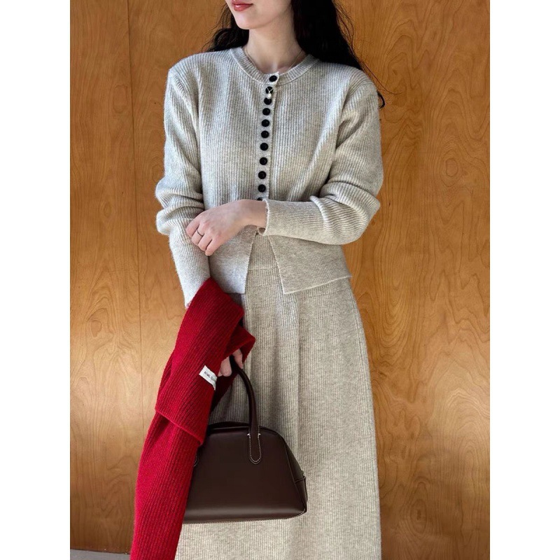 (2개) 모조 캐시미어 디자인 센스 작은 향기로운 스타일 니트 가을과 겨울 새로운 프랑스 스타일 사교계 스타일 차 착용 투피스 세트