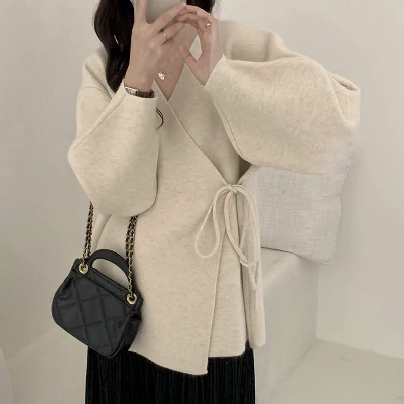 设计感小众粉色毛衣外套开衫女秋冬新款加厚宽松慵懒风系带针织衫|undefined