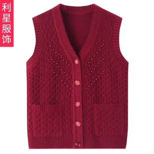 Mom's Spring and Autumn Vest New V-neck Grandma's Sweater Waistcoat Sleeveless Top for Middle-aged and Elderly Autumn and Winter Coat
