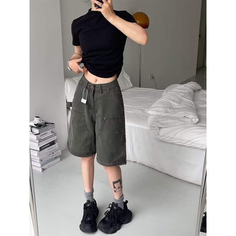 Army Green Mid-Length Pants for Women, Summer Washed Distressed Multi-Pocket Logging Pants, Cargo Pants, Loose Denim Wide-Leg Pants Army Green Mid-Length Pants for Women, Summer Washed Distressed Multi-Pocket Logging Pants, Cargo Pants, Loose Denim Wide-Leg Pants