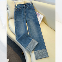 蓝色卷边牛仔裤女秋冬季2025新款拼接九分烟管裤加绒高级感直筒裤