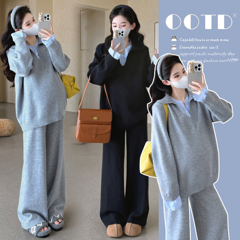 Maternity Wear Set, Autumn Clothing, Trendy Mom Autumn and Winter New Style, High-End Wear during Pregnancy, Fashionable Sweater, Wide-Leg Pants Two-Piece Set Maternity Wear Set, Autumn Clothing, Trendy Mom Autumn and Winter New Style, High-End Wear during Pregnancy, Fashionable Sweater, Wide-Leg Pants Two-Piece Set