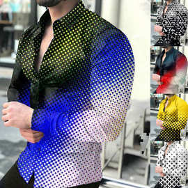 跨境2023欧美新款春秋男士长袖花衬衫大码薄款上衣渐变色印花衬衣