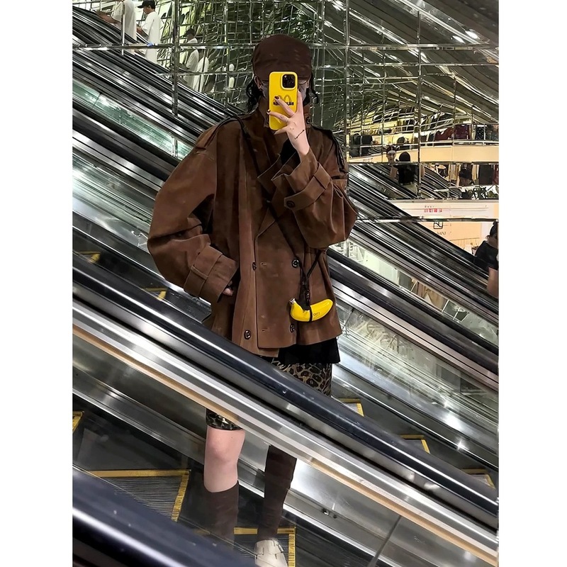 棕色设计感立领麂皮小个子外套女2025秋新款韩系复古宽松休闲大衣|undefined