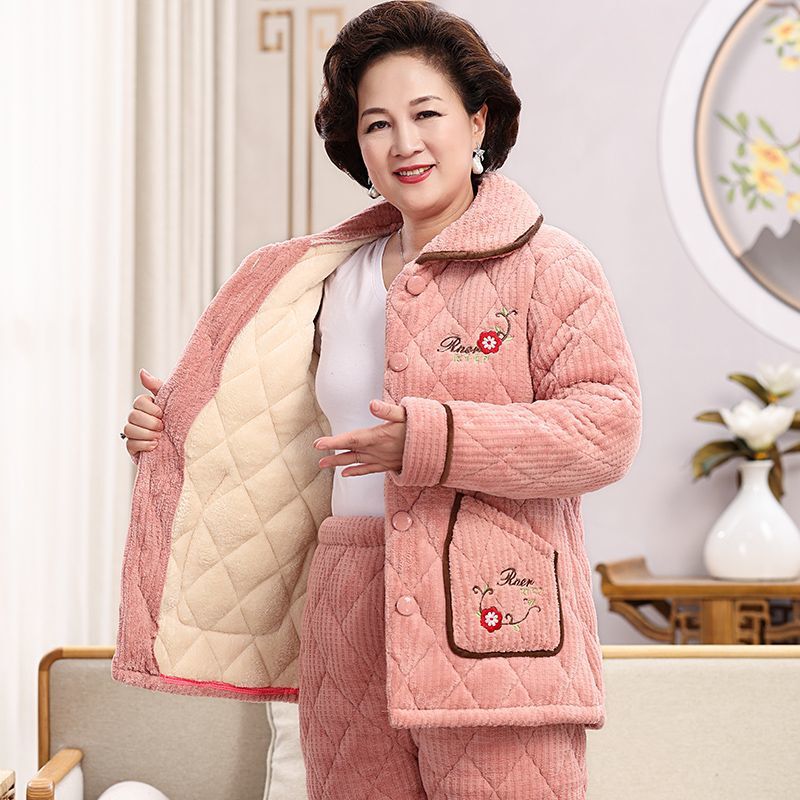 Cross-Border Quilted Elderly Fleece-Lined Autumn and Winter Thick Three-Layer Women's Velvet Pajamas Coral Super Winter Home Clothes Mom Thickened