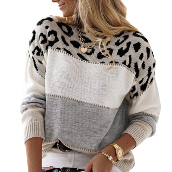 Color Matching Leopard Print Round Neck Casual Sweater Autumn and Winter New Women's Cross-border Sweater Women's Pullover Long Sleeve Base Shirt
