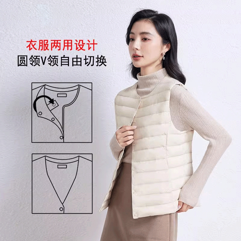 Otoño plumado ligero damas no cuello V chaleco blanco chaleco interior de caballo clip de hombro con chaqueta de base