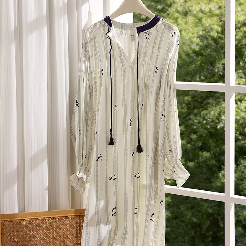 Mid-Length Panda Stripe Loose Slimming Dress, Silk Satin New Spring/Summer Long-Sleeve Maternity Nightgown for Outerwear Mid-Length Panda Stripe Loose Slimming Dress, Silk Satin New Spring/Summer Long-Sleeve Maternity Nightgown for Outerwear