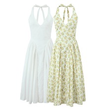 碎花挂脖长款连衣裙2025夏欧美性感露背深V领修身褶饰度假沙滩裙