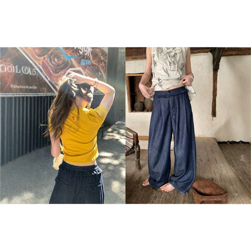 Im Towards the American Sweet Pea Style' Retro Raw Denim Color Ruffled Waistband Wide-Leg Jeans for Women Summer Loose Pants