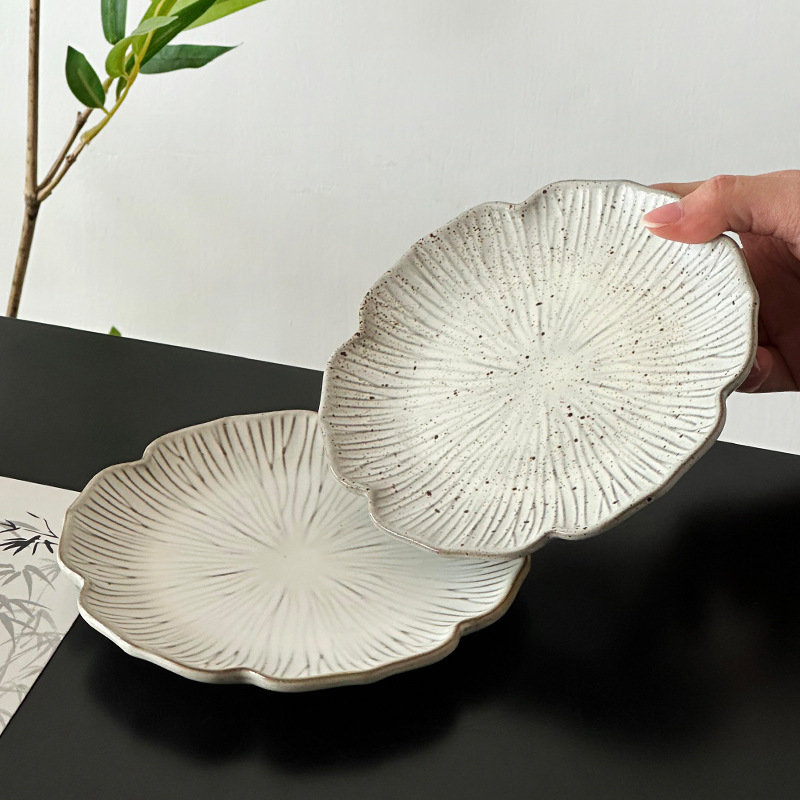 Chinese Lotus Leaf Plate Ceramic Plate Afternoon Tea Snack Plate High-Value Dessert Plate Cake Plate Tableware Flat Plate Plate