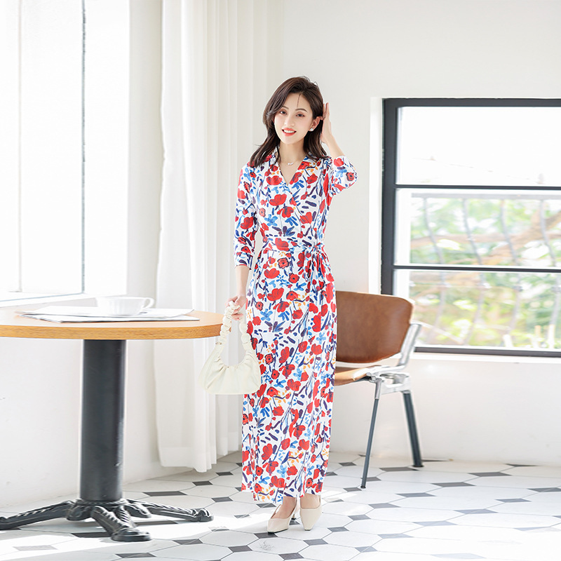 PG DVF Wrap Dress Floral Tea Break Dress Elegant High Waist Skinny Holiday One-piece Dress for Summer