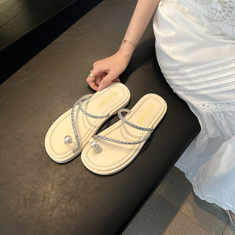 El mismo estilo de Su Yinyin, hojaldre de perlas, chanclas de perlas, sandalias de playa planas, zapatillas de mujer, verano