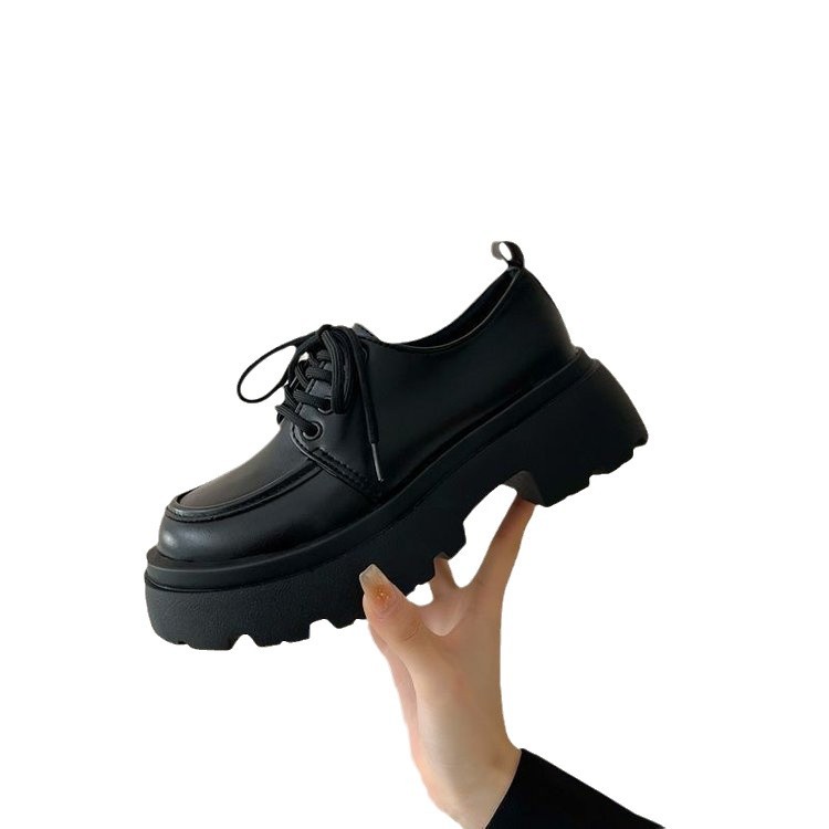 Zapatos de cuero de suela gruesa de estilo británico para mujer 2025 nuevo estilo primavera todo-fósforo negro jk zapatos individuales bizcocho Lefu zapatos ins marea