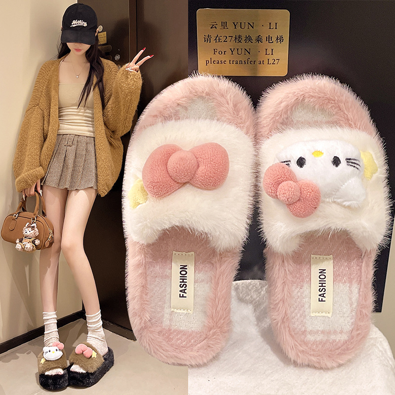 Coreana encantadora zapatillas de peluche de dibujos animados mujeres invierno / otoño gatos arco zapatillas caseras zapatillas de peluche caliente antideslizante