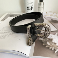 韓版時尚百搭皮帶女簡約裝飾牛仔褲帶ins復古雕花針扣腰帶黑色潮